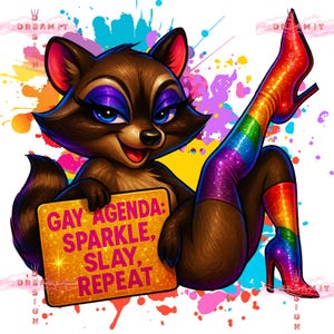 Gay Agenda Raccoon PNG,Funny Pride Sublimation Design,Sparkle Slay Repeat LGBTQ Clipart,Rainbow Glam Raccoon,High Res Queer Art,Pride Month