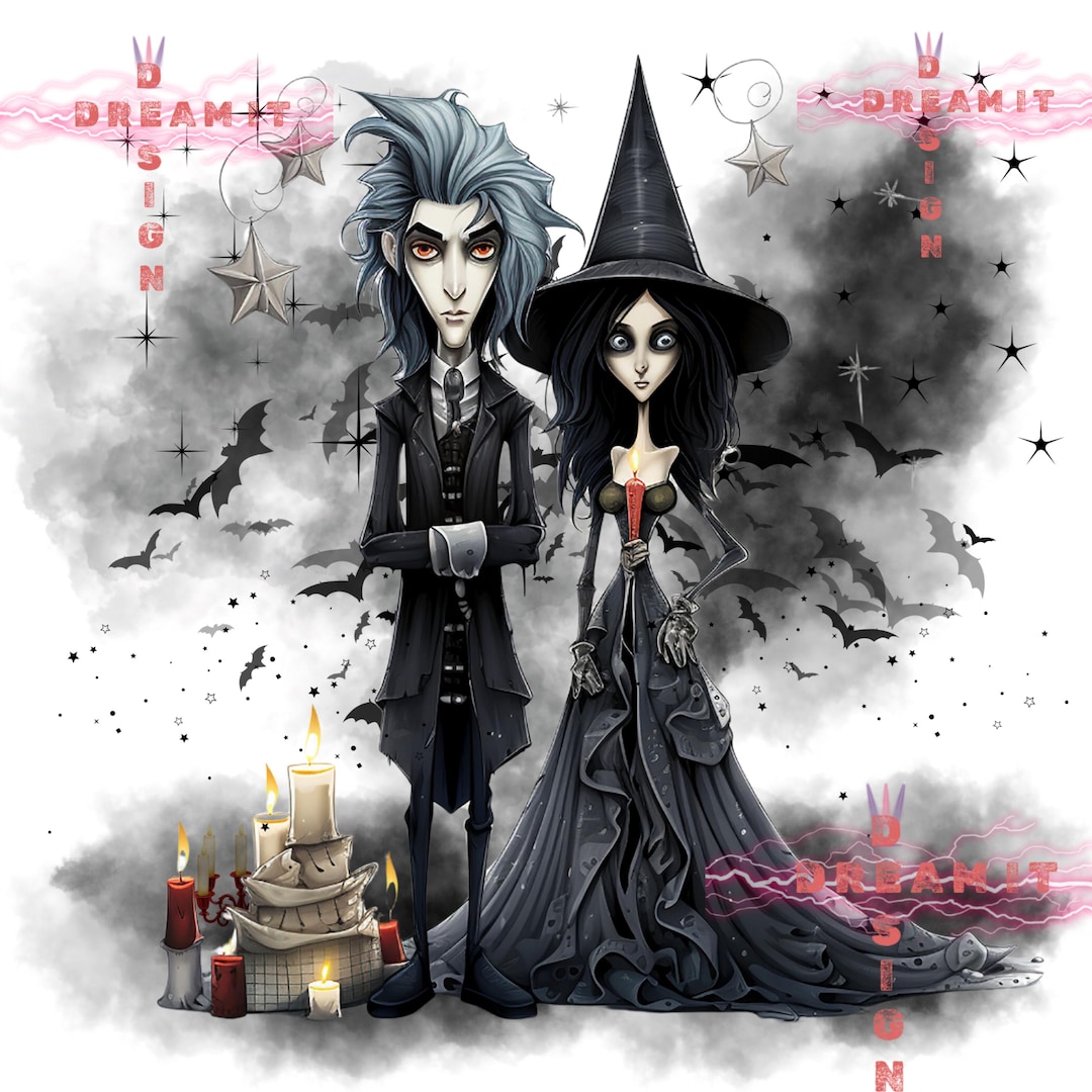 Gothic Halloween Couple PNG, Tim Burton Style Witch and Vampire Clipart ...