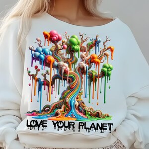 Aimez votre planète Arbre PNG | Art psychédélique dégoulinant des cliparts | Sublimation du jour de la Terre | Citation écologique colorée PNG pour POD