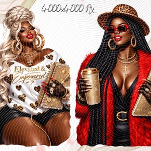 Curvy Leopard Luxe CEO Planner,Black Girl Boss Lady Clipart,Plus Size Woman, Wealth Era Aesthetic,Goodnotes sticker,African American png image 2