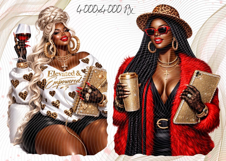 Curvy Leopard Luxe CEO Planner,Black Girl Boss Lady Clipart,Plus Size Woman, Wealth Era Aesthetic,Goodnotes sticker,African American png image 2
