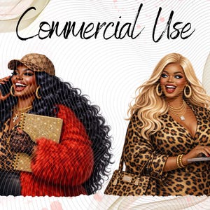 May include: Digital illustration featuring two figures with the text Commercial Use. One figure has long dark hair, a tan cap, red faux fur coat, and leopard print top holding a gold notebook. The other has blonde hair, leopard print dress, and laptop.
