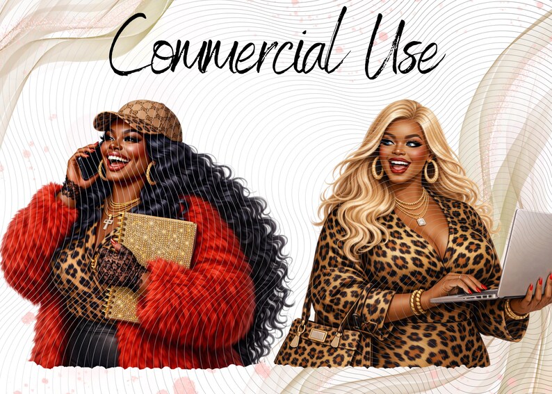 May include: Digital illustration featuring two figures with the text Commercial Use. One figure has long dark hair, a tan cap, red faux fur coat, and leopard print top holding a gold notebook. The other has blonde hair, leopard print dress, and laptop.