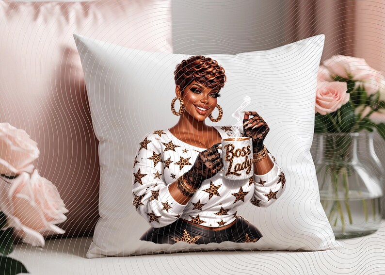 May include: White decorative pillow featuring an illustration of a woman holding a mug. The woman is wearing a white top with star and leopard print accents. The mug reads "Boss Lady". The pillow is on a white surface.