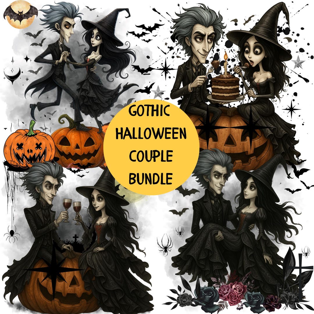 Gothic Halloween Couple Clipart Bundle,spooky Witch Vampire Png,dark ...