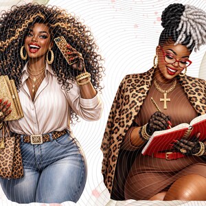 May include: Digital illustration of two stylish women. One holds a phone and gold notebooks, wearing a white shirt, jeans, and leopard print accessories. The other writes in a red notebook, wearing a leopard print coat and glasses.