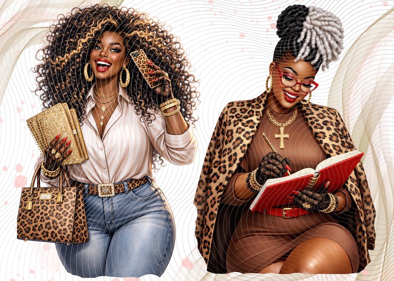 May include: Digital illustration of two stylish women. One holds a phone and gold notebooks, wearing a white shirt, jeans, and leopard print accessories. The other writes in a red notebook, wearing a leopard print coat and glasses.