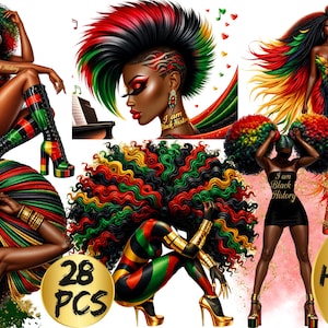 Può includere: Arte digitale con diverse illustrazioni di donne nere con acconciature e abiti vivaci in rosso, nero, verde e giallo. La frase "I am Black History" è visibile su alcune figure. Un cerchio dorato recita "28 PCS" e "BLACK HISTORY ICONS".