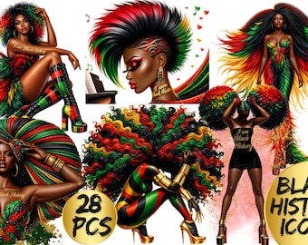 Iconos de la historia afroamericana, imágenes prediseñadas de la reina negra afro glam, ilustración de la historia afroamericana, arte de la mujer afroamericana, 28 imágenes PNG, reina de la melanina