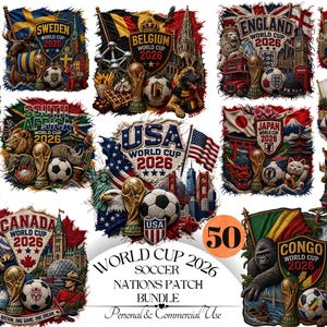 May include: A bundle of 50 World Cup 2026 soccer nations patches. Each patch features a country's flag, landmarks, and a soccer ball. The patches are colorful and detailed, with the text "World Cup 2026".