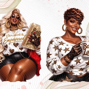 May include: Two illustrations of individuals wearing white long-sleeve shirts with leopard print patterns. One shirt features heart shapes and the text Elevated & Empowered, while the other features stars and the text Boss Lady. Both wear black skirts and lace gloves.