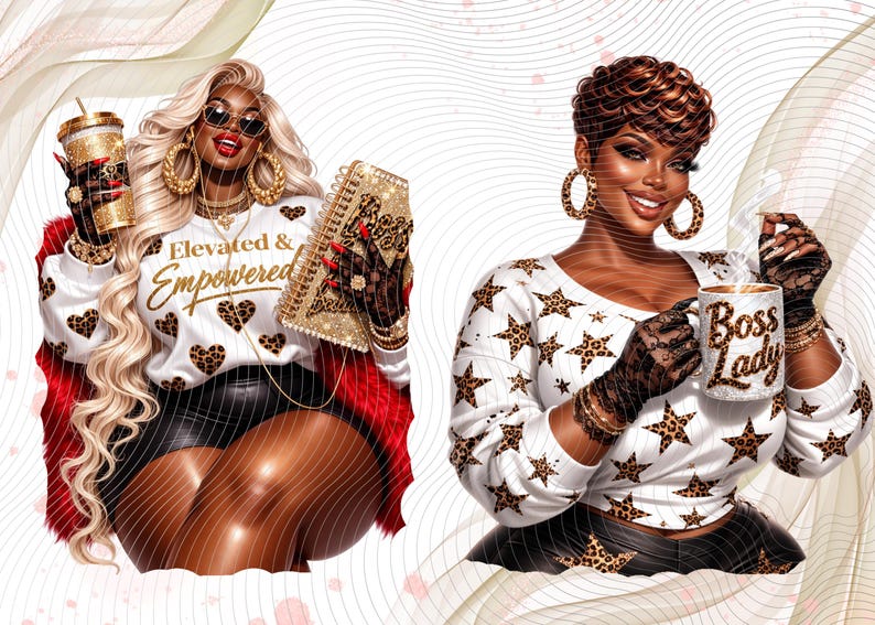 May include: Two illustrations of individuals wearing white long-sleeve shirts with leopard print patterns. One shirt features heart shapes and the text Elevated & Empowered, while the other features stars and the text Boss Lady. Both wear black skirts and lace gloves.