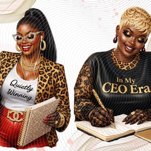 May include: Two illustrations of individuals. The left figure wears a leopard print blazer, white tank top with the text "Quietly Winning," and red pants. The right figure wears a black top with lace sleeves and the text "In My CEO Era."