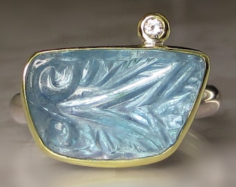 Aquamarine Ring, Carved Aquamarine Ring, Aquamarine Diamond Ring, 18k Gold and Sterling Silver