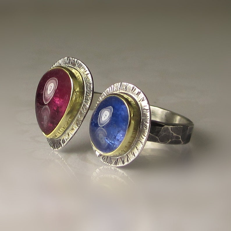 Tanzanite and Pink Tourmaline Ring, Open Tanzanite Tourmaline Ring, 18k Gold and Sterling Silver, Size 8 image 5