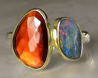 Opal and Garnet Ring, Double Stone Opal Ring, Rose Cut Garnet and Boulder Opal Ring, 18k Gold and Sterling Silver