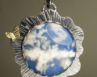 Plume Agate Pendant, Cloud Stone Pendant Necklace, Cloud Agate Necklace, 18k Yellow Gold and Sterling Silver