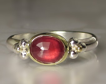 Ruby Ring, Inverted Ruby Ring, Sterling Silver and 18k Gold Granulated Ring