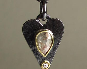 Rose Cut Diamond Pendant, Heart Shaped Diamond Pendant, Natural Diamond Necklace, 18k Gold and Silver
