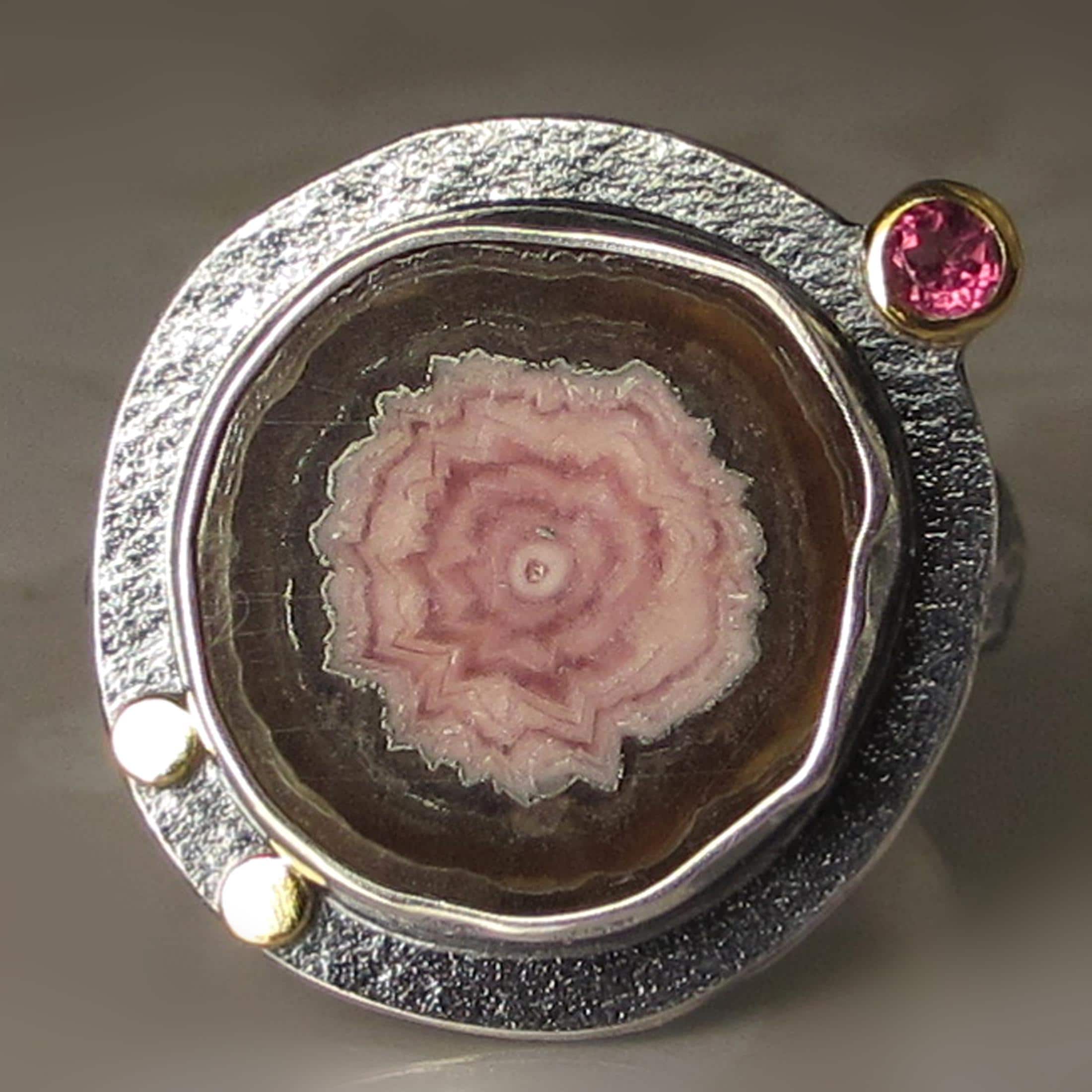 Rhodochrosite Stalactite Slice Ring, Hammered Rhodochrosite Pink Tourmaline Ring, 18k Gold and Sterling Silver