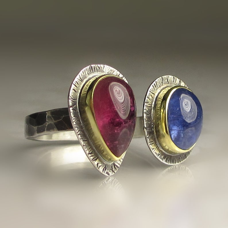 Tanzanite and Pink Tourmaline Ring, Open Tanzanite Tourmaline Ring, 18k Gold and Sterling Silver, Size 8 image 7