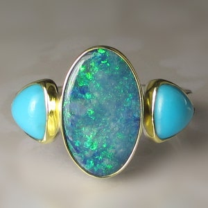 Australian Opal Ring, Opal and Kingman Turquoise Ring, Boulder Opal and Turquoise Ring, 18k Gold and Sterling Silver