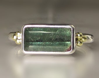 Green Tourmaline Ring, 18k Gold and Sterling Silver Granulated Ring, Emerald Cut Watermelon Tourmaline Ring