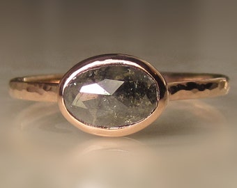 Salt and Pepper Diamond Engagement Ring, 14k Rose Gold Diamond Ring, Hammered Rose Cut Diamond Ring, 1.33CTS