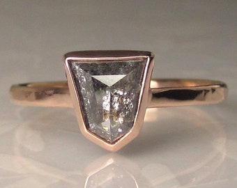Unique Geometric Rose Cut Diamond Engagement Ring, Salt and Pepper Rose Cut Diamond Ring, 14k Rose Gold Diamond Ring