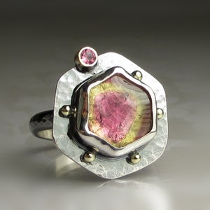 Bicolor Tourmaline Slice Ring, Watermelon Tourmaline Ring, Hammered Hexagon Slice Tourmaline Ring, 14k Yellow Gold and Sterling Silver image 8