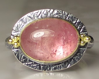 Pink Tourmaline Ring, Bubble Gum Pink Tourmaline Ring, Granulated Tourmaline Cabochon Ring, 18k Gold and Sterling