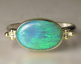 Australian Opal Ring, Solid Lightning Ridge Opal Ring, 18k Gold and Sterling Silver Granulated Ring