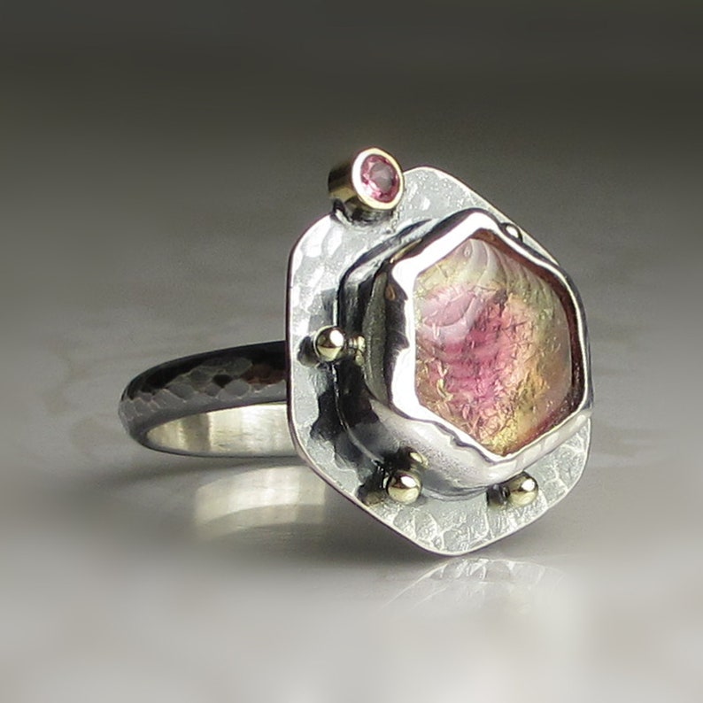 Bicolor Tourmaline Slice Ring, Watermelon Tourmaline Ring, Hammered Hexagon Slice Tourmaline Ring, 14k Yellow Gold and Sterling Silver image 9