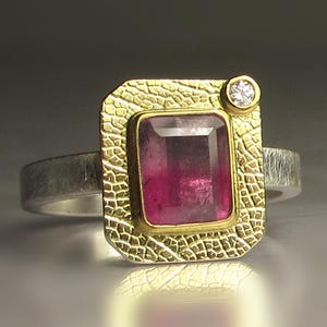Bicolor Tourmaline Ring, Tourmaline Diamond Ring, 22k Yellow Gold and Sterling Silver, Emerald Cut Watermelon Tourmaline Ring, Size 7.75