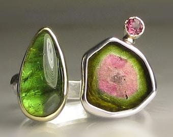 Vibrant Watermelon Tourmaline Slice Ring, Green Tourmaline Ring, Double Tourmaline Ring,  18k Gold, 14k Gold and Sterling Silver, Size 8