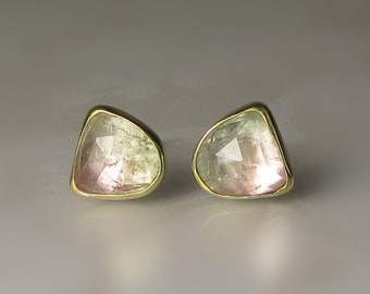 Watermelon Tourmaline Studs, Rose Cut Tourmaline Earrings, 18k Gold and Sterling