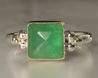 Emerald Ring, Inverted Emerald Ring, 18k Gold and Sterling Silver Granulated Ring