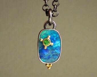 Opal Pendant, Australian Boulder Opal and Tsavorite Pendant, 22k Granulated Pendant, Blue Opal Pendant, 22k Gold and Silver