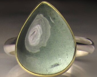 Aquamarine Ring, Natural Moss Aquamarine Ring, Dark Blue Moss Aquamarine Cabochon Ring, March Birthstone,  Sterling Silver and 18k Gold