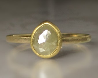 Rose Cut Diamond Engagement Ring, Pear Diamond Ring, Hammered Diamond Ring, 22k and 14k Yellow Gold
