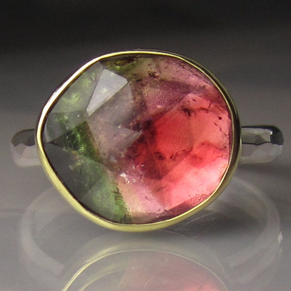 Rose Cut Watermelon Tourmaline Ring - 18k Yellow Gold and Sterling Silver