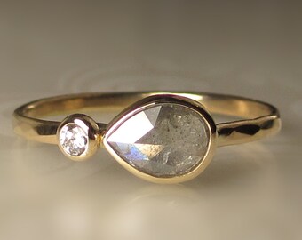 Salt and Pepper Diamond Ring, 14k Yellow Gold Rose Cut Diamond Engagement Ring, Sideswept Rose Cut Diamond Ring