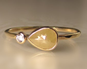 Rose Cut Diamond Ring, 14k Yellow Gold Rose Cut Diamond Engagement Ring, Sideswept Opaque Rose Cut Diamond Ring,