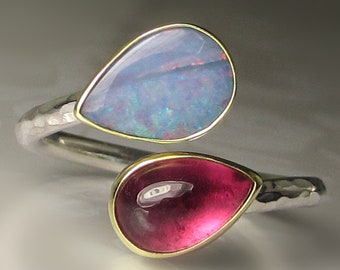 Boulder Opal and Pink Tourmaline Ring, Pink Tourmaline Opal Bypass Ring, Double Stone Ring, 18k Gold and Sterling Silver, Open Bypass Ring