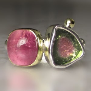 Pink Tourmaline and Watermelon Tourmaline Ring, Watermelon Tourmaline Slice Ring, Double Tourmaline Ring, 18k Gold and Sterling Silver