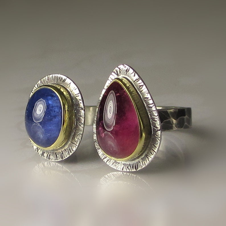 Tanzanite and Pink Tourmaline Ring, Open Tanzanite Tourmaline Ring, 18k Gold and Sterling Silver, Size 8 image 6