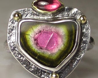 Watermelon Tourmaline Ring, Watermelon Tourmaline Slice Ring, 18k Gold, 14k Yellow Gold and Sterling Silver