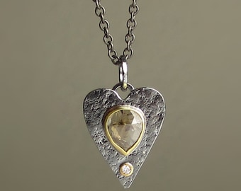 Rose Cut Diamond Pendant, Heart Shaped Diamond Pendant, Natural Diamond Necklace, 18k Gold and Silver