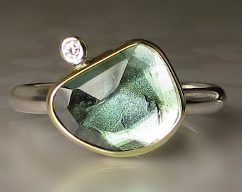 Rose Cut Blue Green Tourmaline Ring, Teal Tourmaline and Diamond Ring, 18k Gold and Sterling Silver