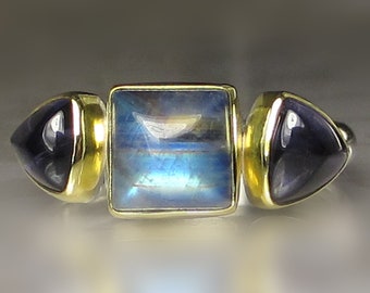 Rainbow Moonstone Ring, Rainbow Moonstone and Iolite Ring, Blue Moonstone Ring, 18k Gold and Sterling Silver